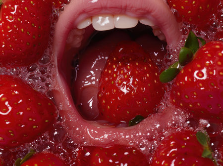 close-up of open mouth with red strawberriesの素材