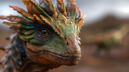 Close-up of a colorful lizard's faceの素材