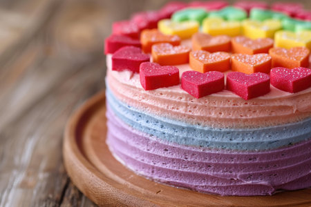 Colorful layered dessert cake with vibrant fruit jelly cubesの素材