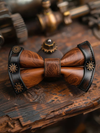 Wooden bow tie with ornate metal accents on a rustic wooden surfaceの素材