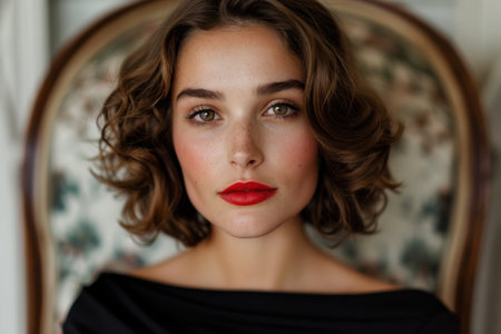 Glamorous woman with red lips and curly hairの素材