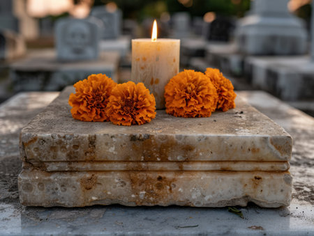 Vibrant marigold flowers and a lit candle on a weathered stone surfaceの素材