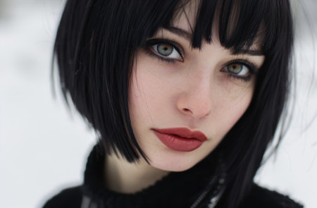 Mysterious woman with dark hair and striking eyesの素材