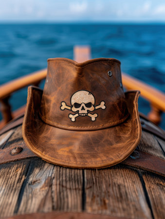 Pirate hat on wooden dock with ocean in backgroundの素材