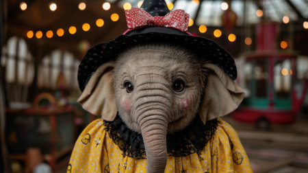 Elephant wearing a polka dot bow and dress in a carnival settingの素材