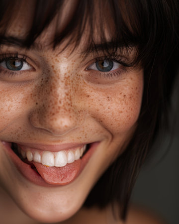 Close-up portrait of a smiling young woman with frecklesの素材