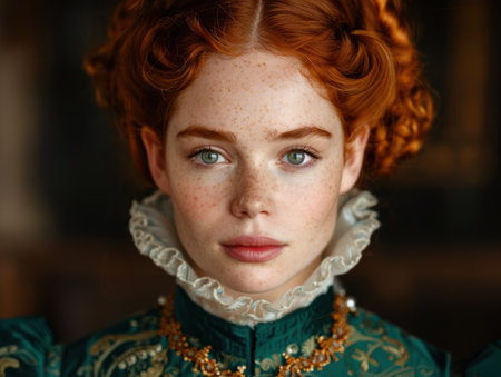 Elegant woman with red hair and frecklesの素材