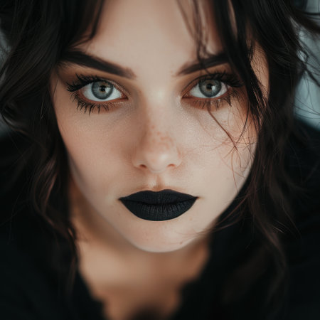 Captivating dark-haired woman with intense gazeの素材