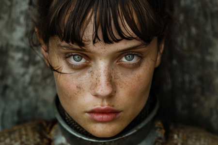 Intense gaze of a young woman with dark hair and frecklesの素材