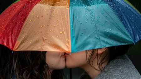 Colorful umbrella protecting from the rainの素材