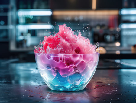 Colorful shaved ice dessert in a glass bowlの素材