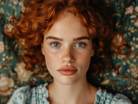 Captivating portrait of a young woman with vibrant red curly hair and striking green eyesの素材