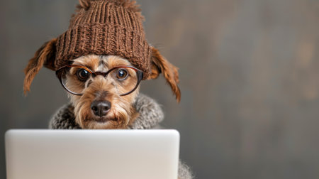 Cute dog wearing glasses and knit hat using laptopの素材