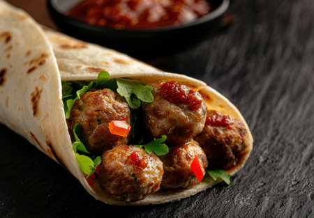 Delicious meatballs wrapped in tortilla with fresh greensの素材