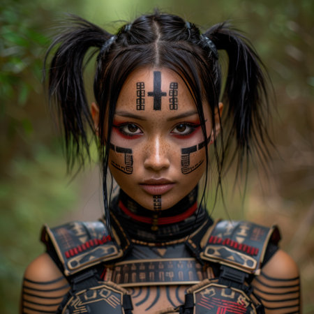 Tribal warrior woman with face paint and tattoosの素材