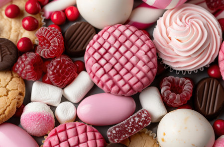Assortment of delicious pink and red candies and sweetsの素材