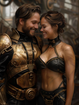Steampunk couple in intimate embraceの素材