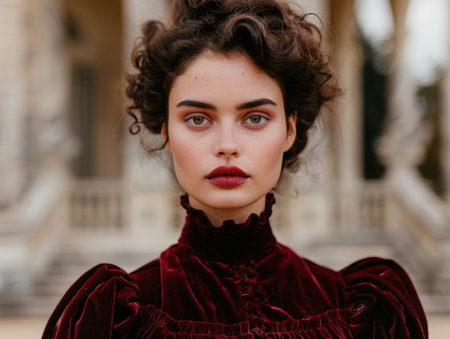 Elegant woman in red velvet dressの素材