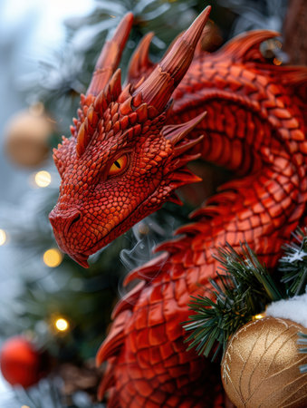 Detailed close-up of a fierce red dragon ornamentの素材