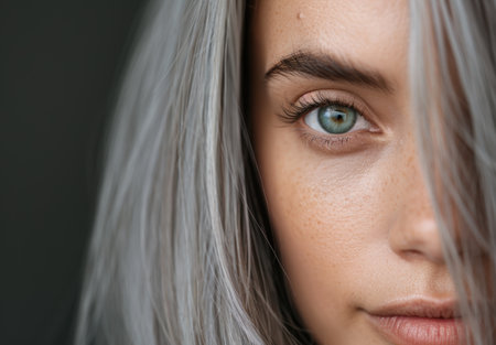close-up of a woman's face with grey hair and green eyesの素材