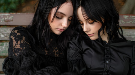two young women in black clothing with dark hairの素材