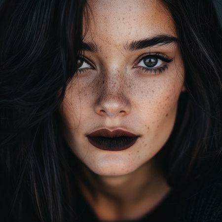 Captivating portrait of a young woman with striking featuresの素材