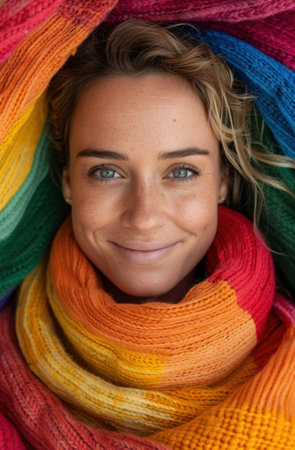 Smiling woman in colorful scarfの素材