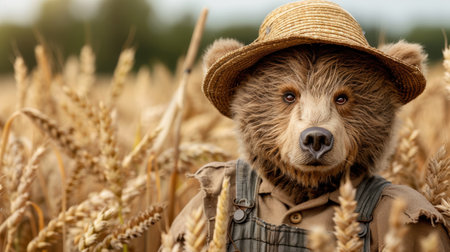 Adorable bear wearing a straw hat in a wheat fieldの素材