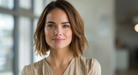 Thoughtful woman with brown hair looking at cameraの素材