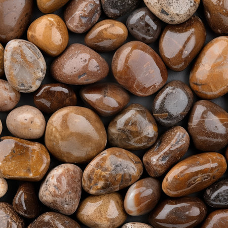 Smooth river rocks in warm earth tonesの素材