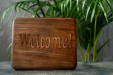 Welcoming wooden sign with lush greeneryの素材