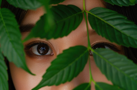Mysterious eyes peeking through lush green leavesの素材