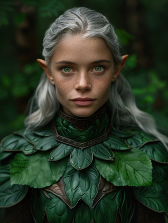 Ethereal elf-like figure in green forestの素材