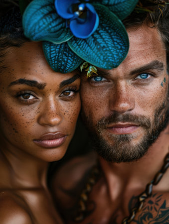 Exotic couple with vibrant floral headpieceの素材