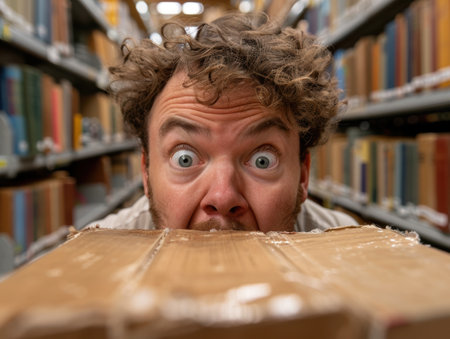 surprised man peering over books in libraryの素材