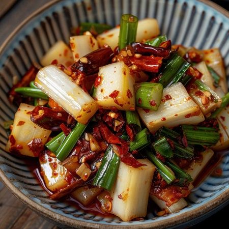 Spicy sautÃ©ed vegetables in bowlの素材