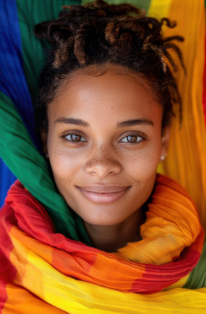 Smiling woman with colorful scarfの素材