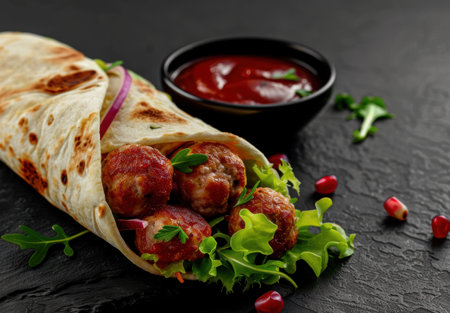 Delicious Mexican food wrap with meatballs and salsaの素材