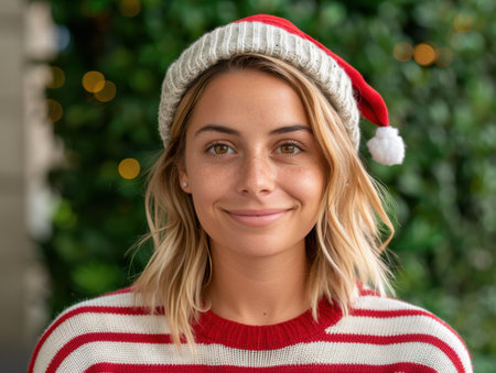 smiling woman in festive winter attireの素材