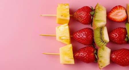 Colorful fruit skewers on pink backgroundの素材