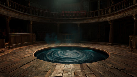 Mysterious swirling pool in dark ancient hallの素材