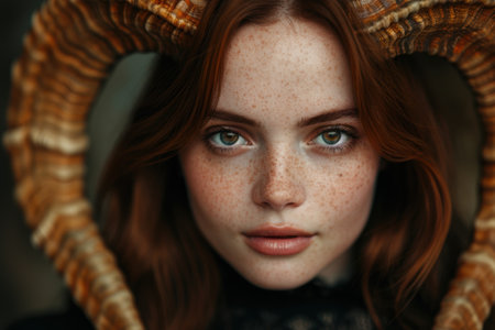 Captivating portrait of a young woman with striking featuresの素材
