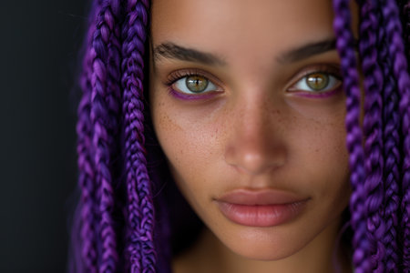 close-up portrait of a woman with purple braided hairの素材