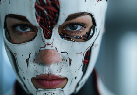 Futuristic cyborg face with red and white detailsの素材