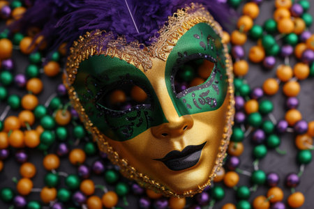 Ornate venetian carnival mask with feathers and beadsの素材