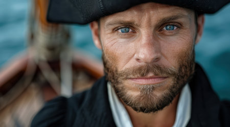 Rugged man with beard and piercing blue eyesの素材