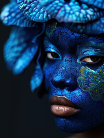 Mysterious blue and green face with cracked skinの素材