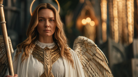 angelic warrior woman with golden armor and wingsの素材