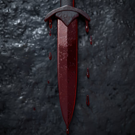 Bloody knife dripping with red liquid against dark backgroundの素材