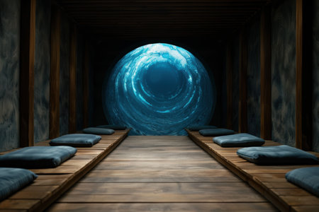 Tranquil meditation room with glowing orbの素材
